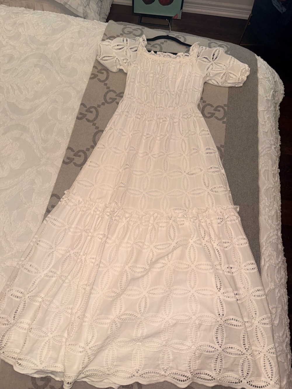 Evernew Melbourne Beth broderie off the shoulder Tiered Midi Dress in white - Picture 6 of 12